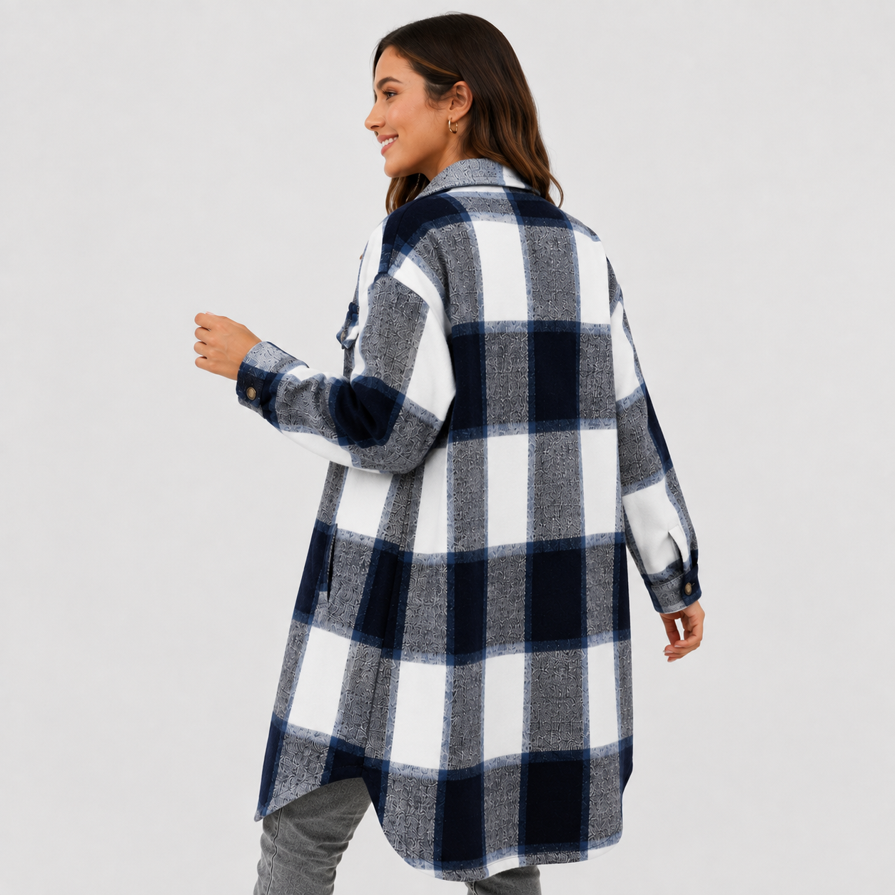 Montviro | Women's Plaid Long Jacket Loose Fit Button Front Spring Fall
