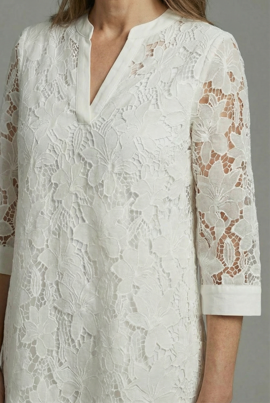 Embroidered Midi Dress – Elegant Lace Detail & Relaxed Everyday Fit