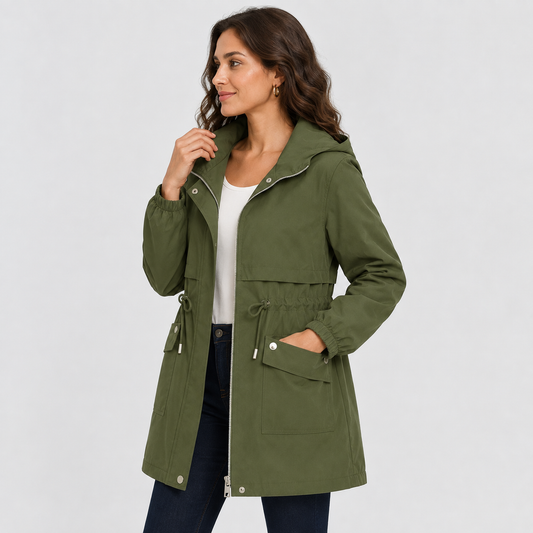 Montviro | Women's Hooded Trench Coat - Drawstring Waist Knee Length