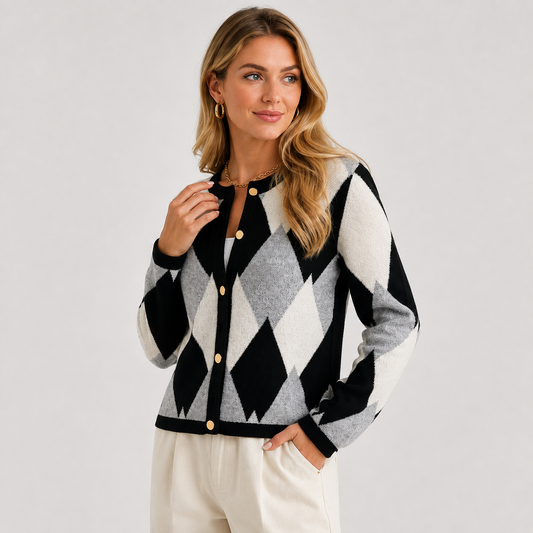 Montviro | Women's Argyle Cardigan - Crew Neck Fall Winter Sweater