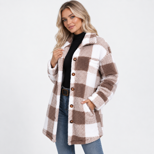 Montviro | Women's Plaid Teddy Coat - Long Button Fall Winter Style