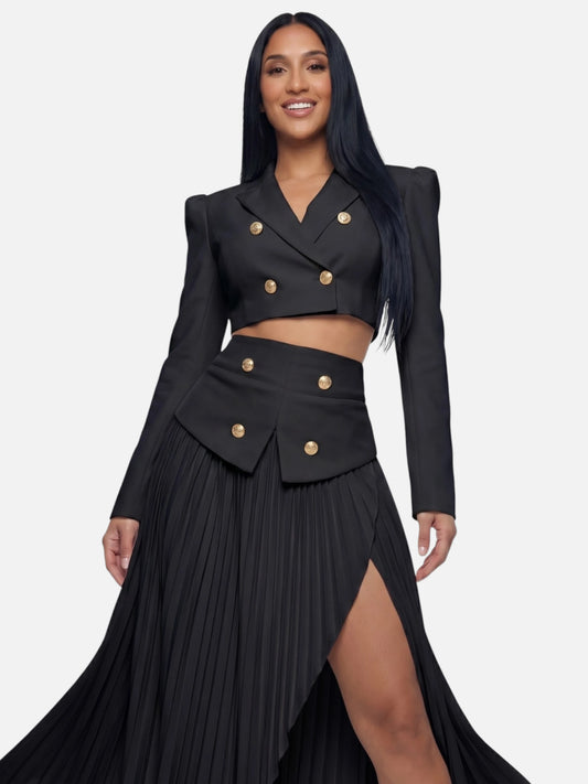 Montviro | Women’s White Cropped Blazer & Pleated Maxi Skirt Set