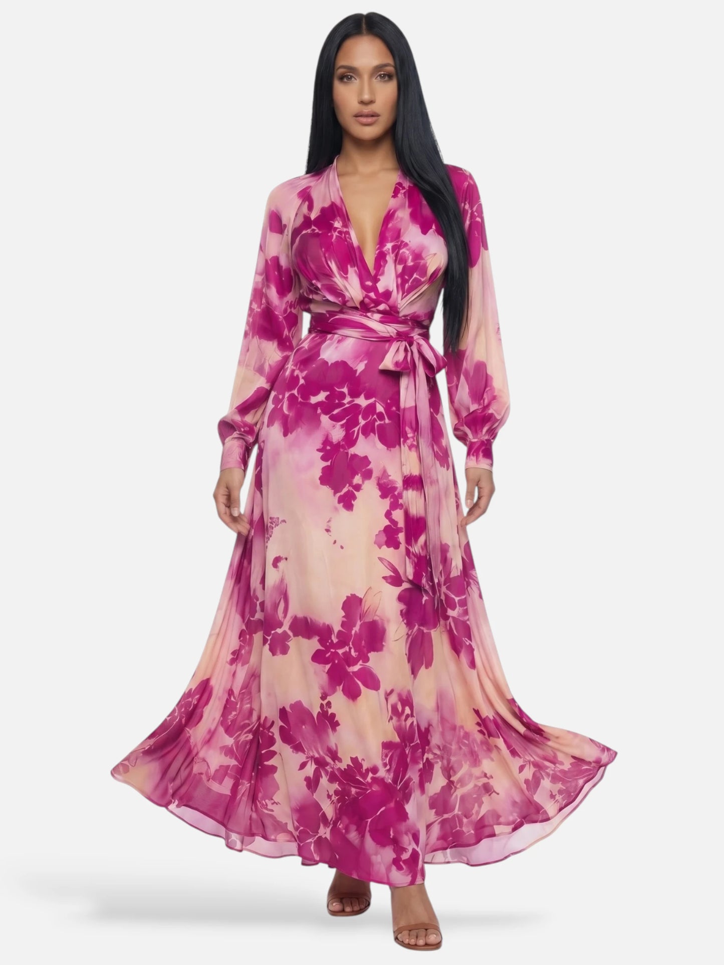 Montviro | Women’s Floral V-Neck Maxi Dress – Rose-Red Elegance