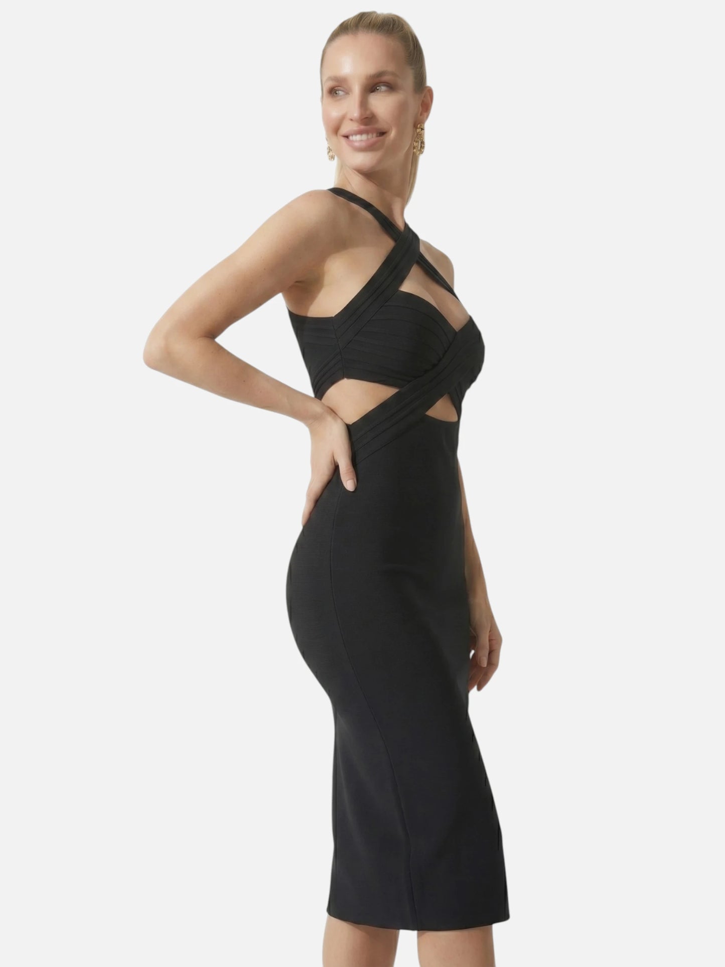 Montviro | Women’s Criss Cross Halter Midi Dress – Elegant Evening Style