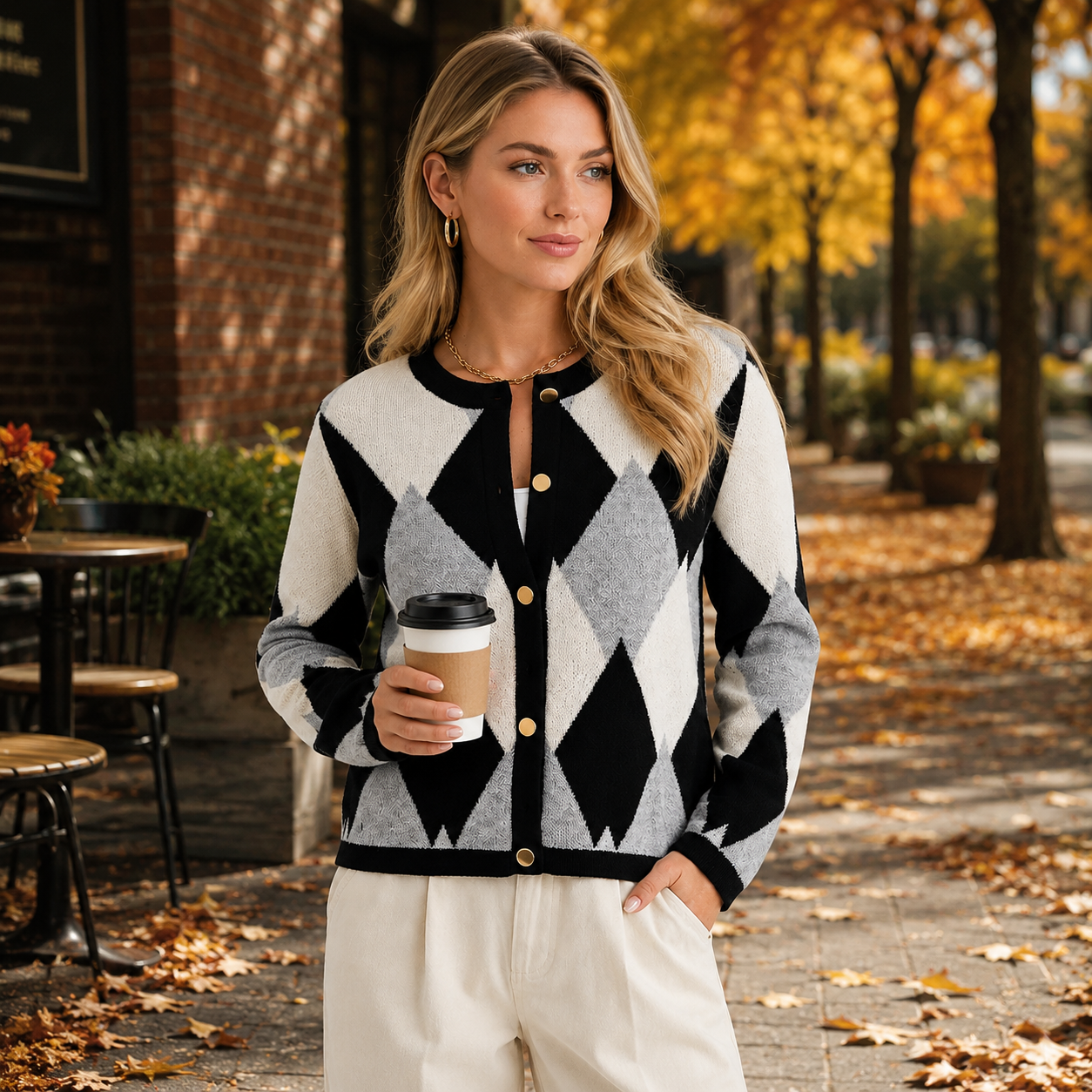 Montviro | Women's Argyle Cardigan - Crew Neck Fall Winter Sweater