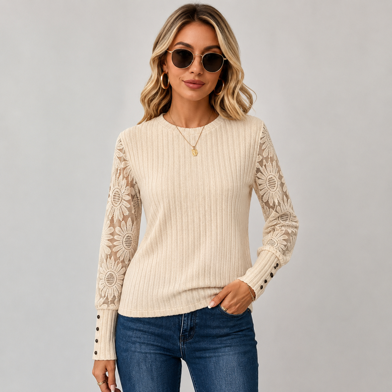 Montviro | Women's Knit Top – Lace Sleeve Crew Neck Classic Fall Style