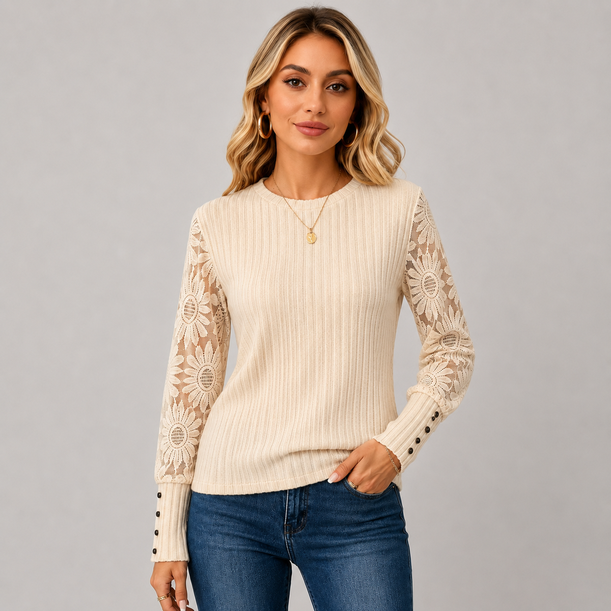 Montviro | Women's Knit Top – Lace Sleeve Crew Neck Classic Fall Style