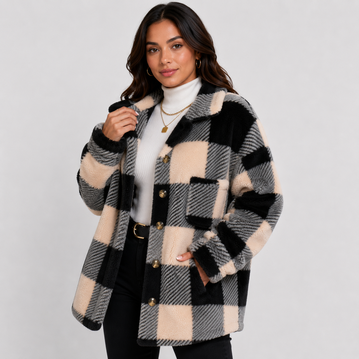 Montviro | Women's Plaid Plush Jacket – Soft Fall Winter Coat