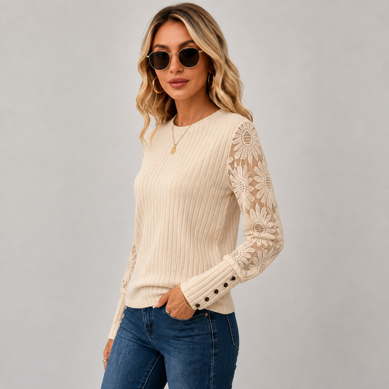 Montviro | Women's Knit Top – Lace Sleeve Crew Neck Classic Fall Style