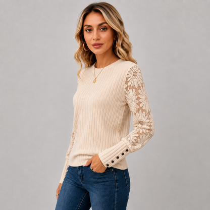 Montviro | Women's Knit Top – Lace Sleeve Crew Neck Classic Fall Style