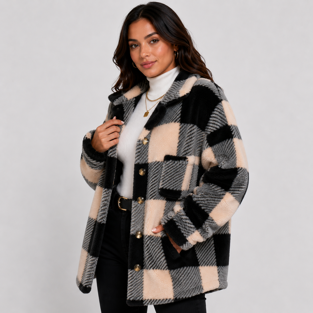 Montviro | Women's Plaid Plush Jacket – Soft Fall Winter Coat