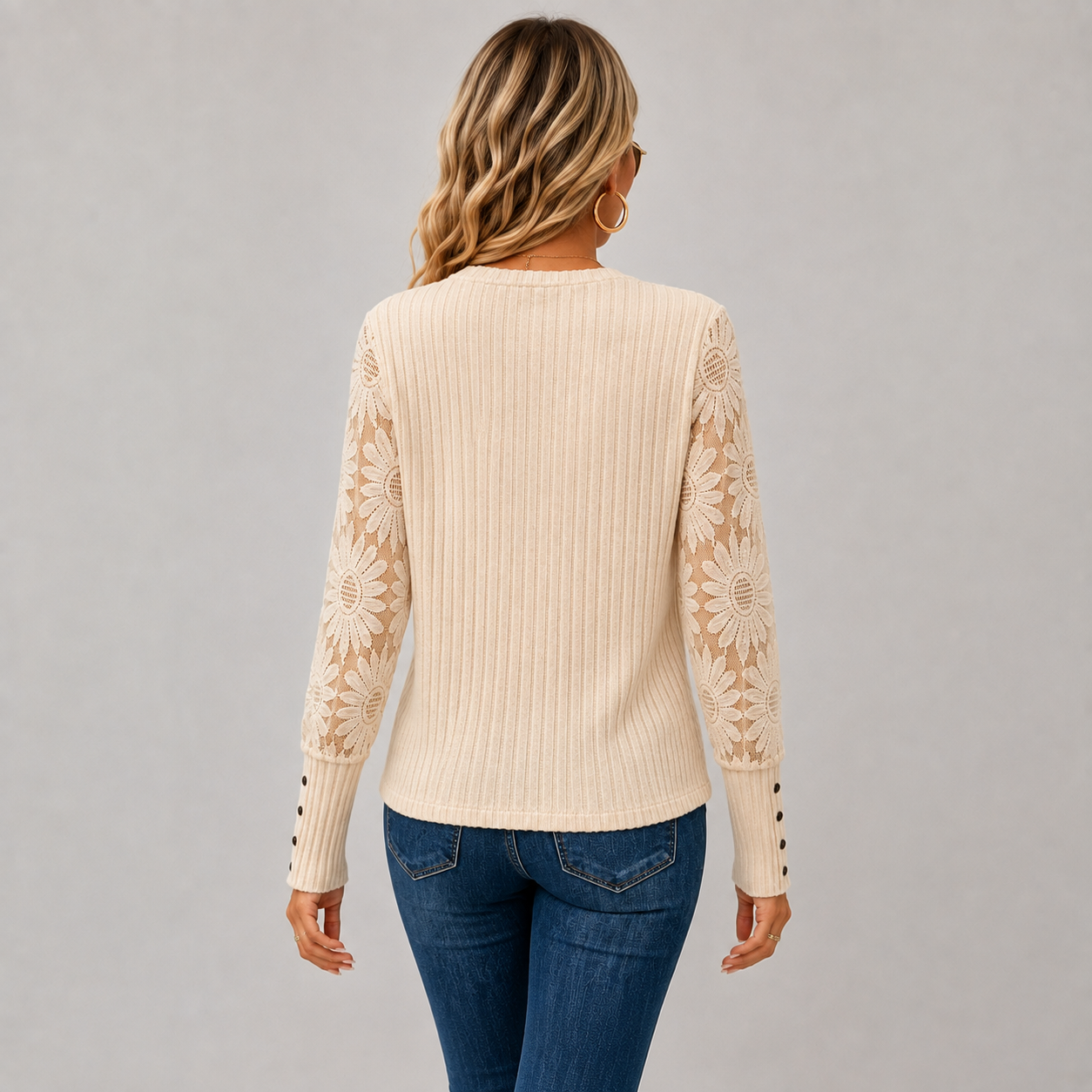 Montviro | Women's Knit Top – Lace Sleeve Crew Neck Classic Fall Style