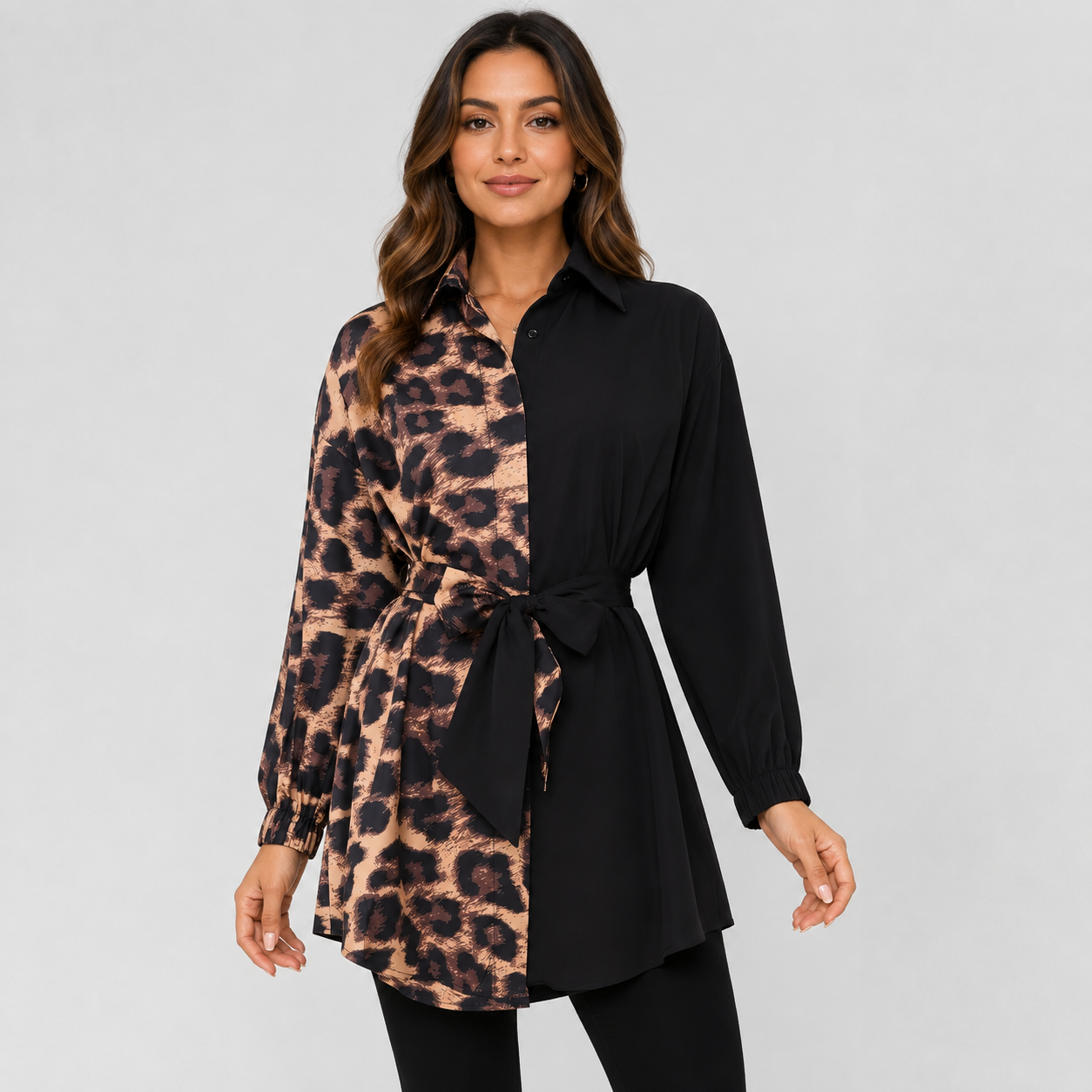 Montviro | Women’s Leopard Shirt Dress V-Neck Button Front