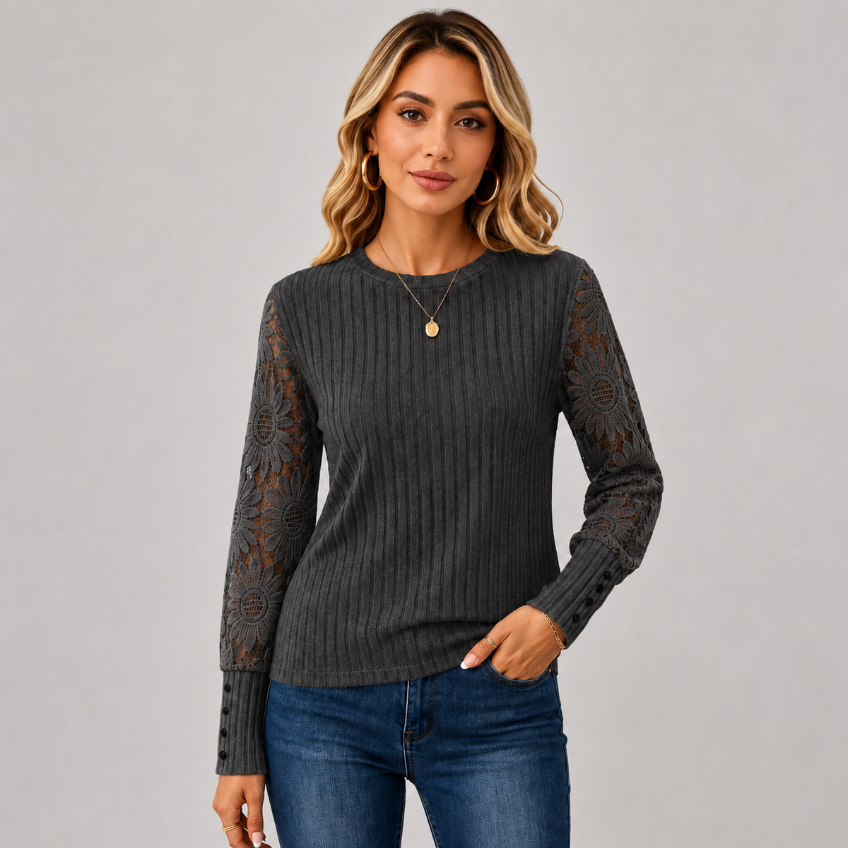Montviro | Women's Knit Top – Lace Sleeve Crew Neck Classic Fall Style