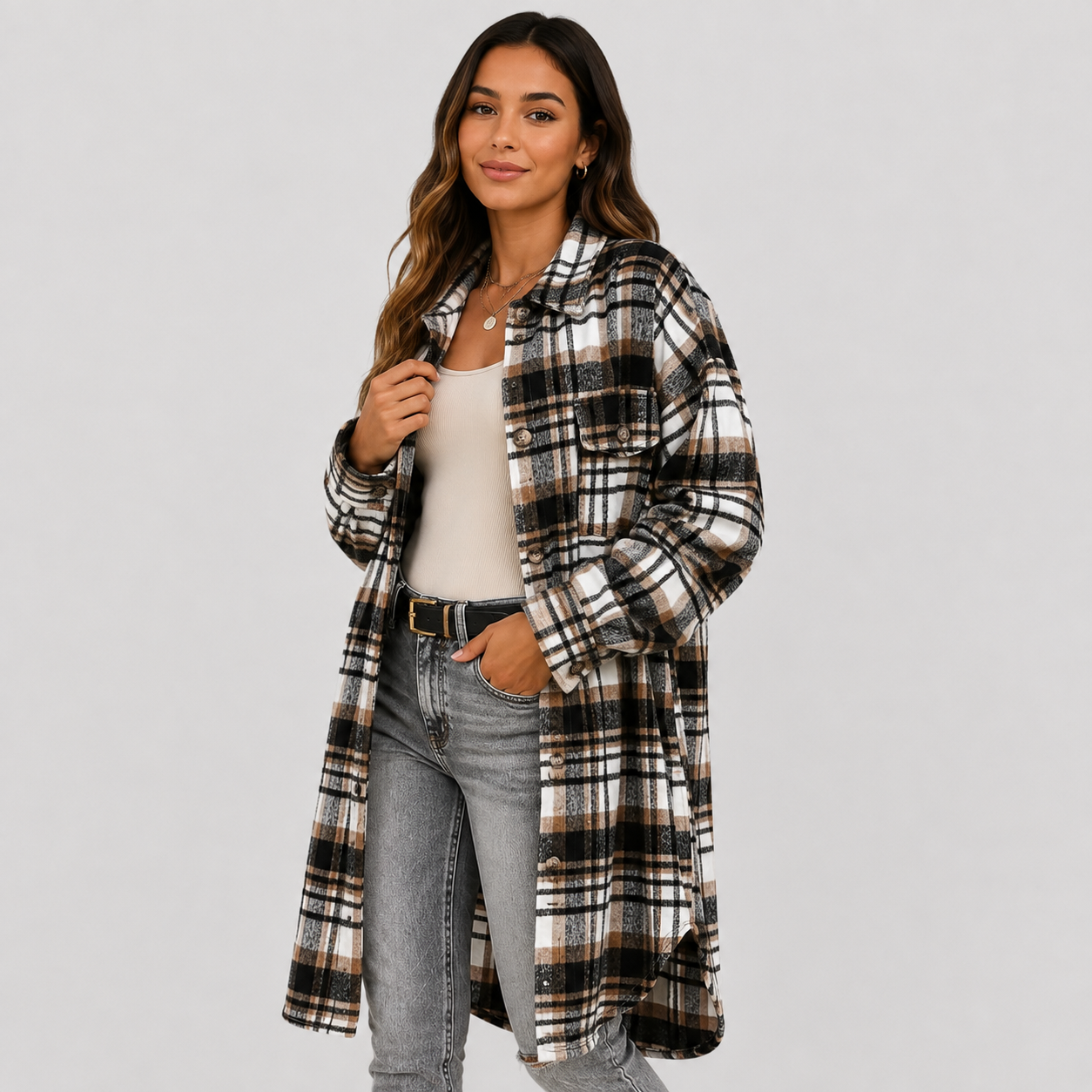 Montviro | Women's Plaid Long Jacket Loose Fit Button Front Spring Fall