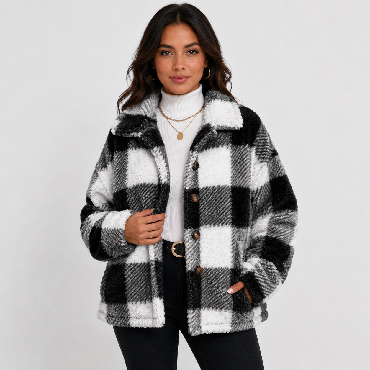 Montviro | Women's Plaid Plush Jacket – Soft Fall Winter Coat