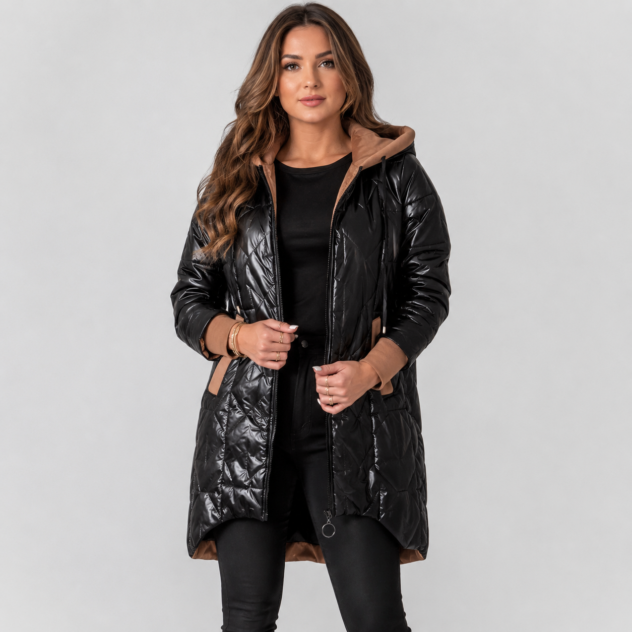 Montviro | Women's Midi Puffer Coat – Warm Hooded Jacket with Pockets