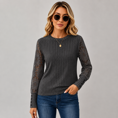 Montviro | Women's Knit Top – Lace Sleeve Crew Neck Classic Fall Style