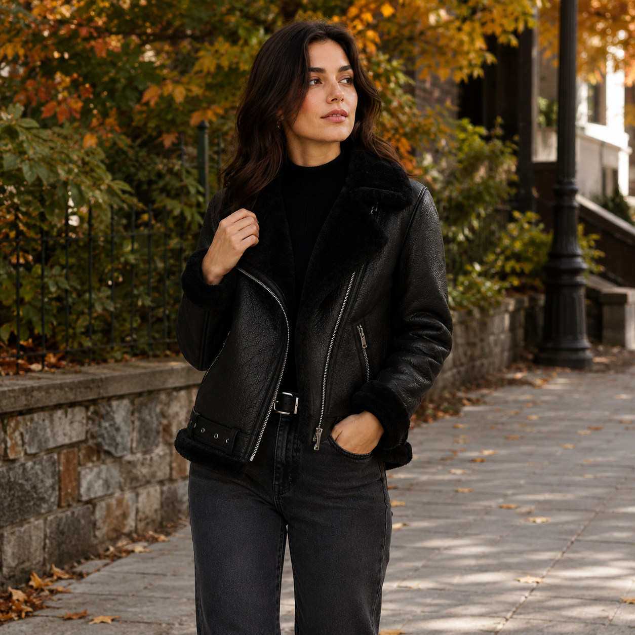 Montviro | Women's Jacket Faux Leather Fleece Lined Belted Longline