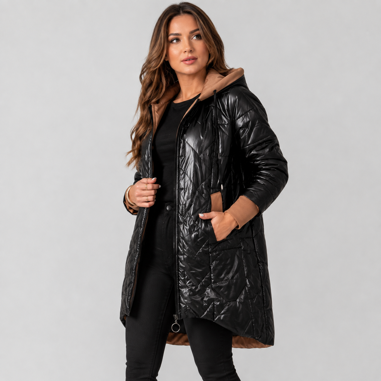 Montviro | Women's Midi Puffer Coat – Warm Hooded Jacket with Pockets