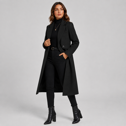 Montviro | Women’s Long Winter Coat Belted Waist Notched Lapel