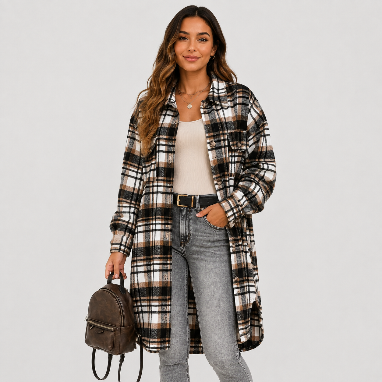 Montviro | Women's Plaid Long Jacket Loose Fit Button Front Spring Fall