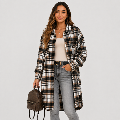 Montviro | Women's Plaid Long Jacket Loose Fit Button Front Spring Fall
