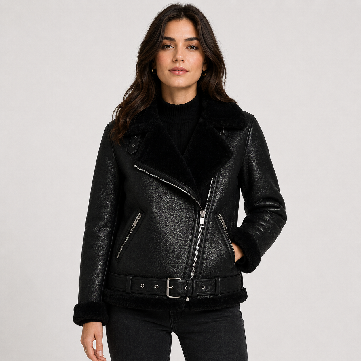 Montviro | Women's Jacket Faux Leather Fleece Lined Belted Longline