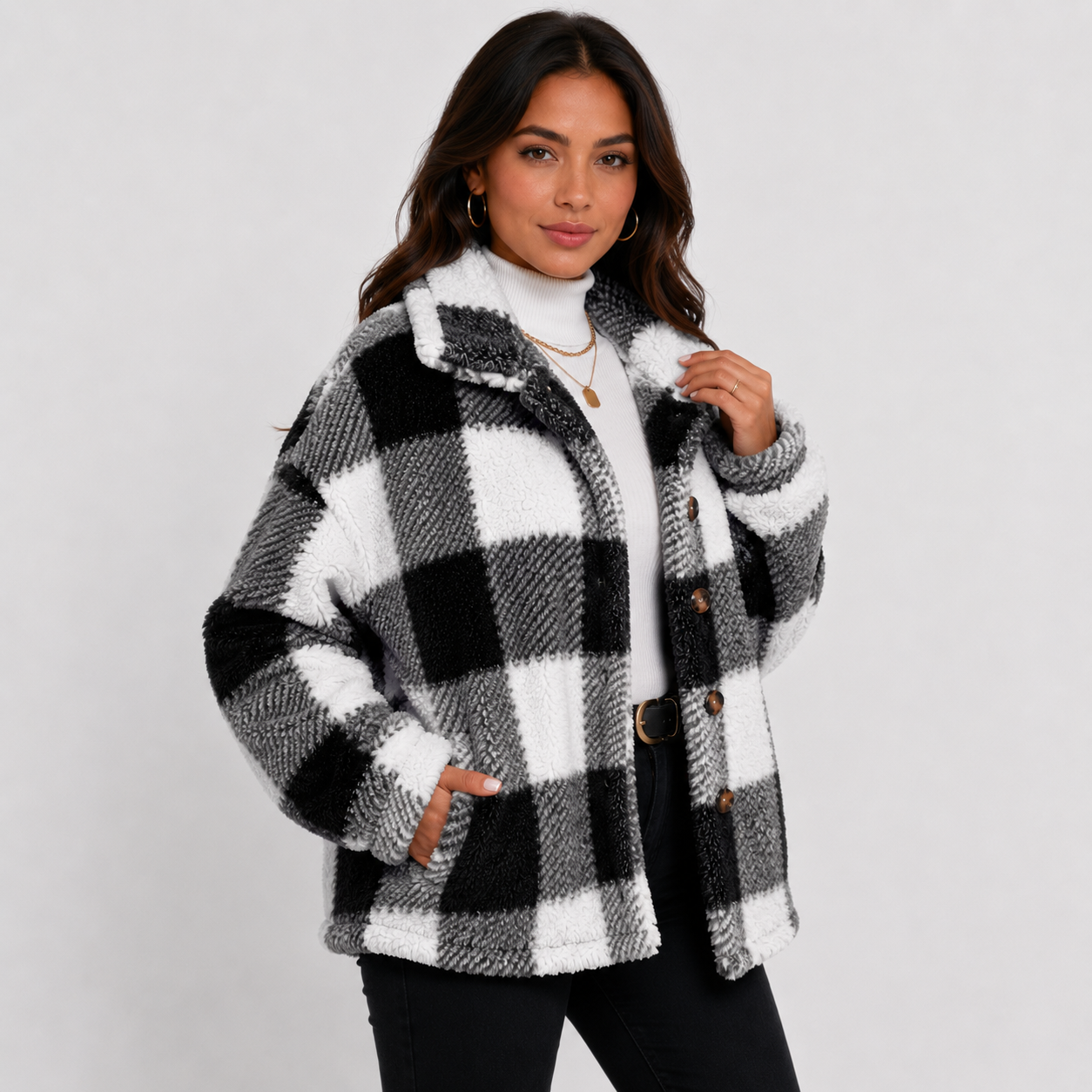 Montviro | Women's Plaid Plush Jacket – Soft Fall Winter Coat