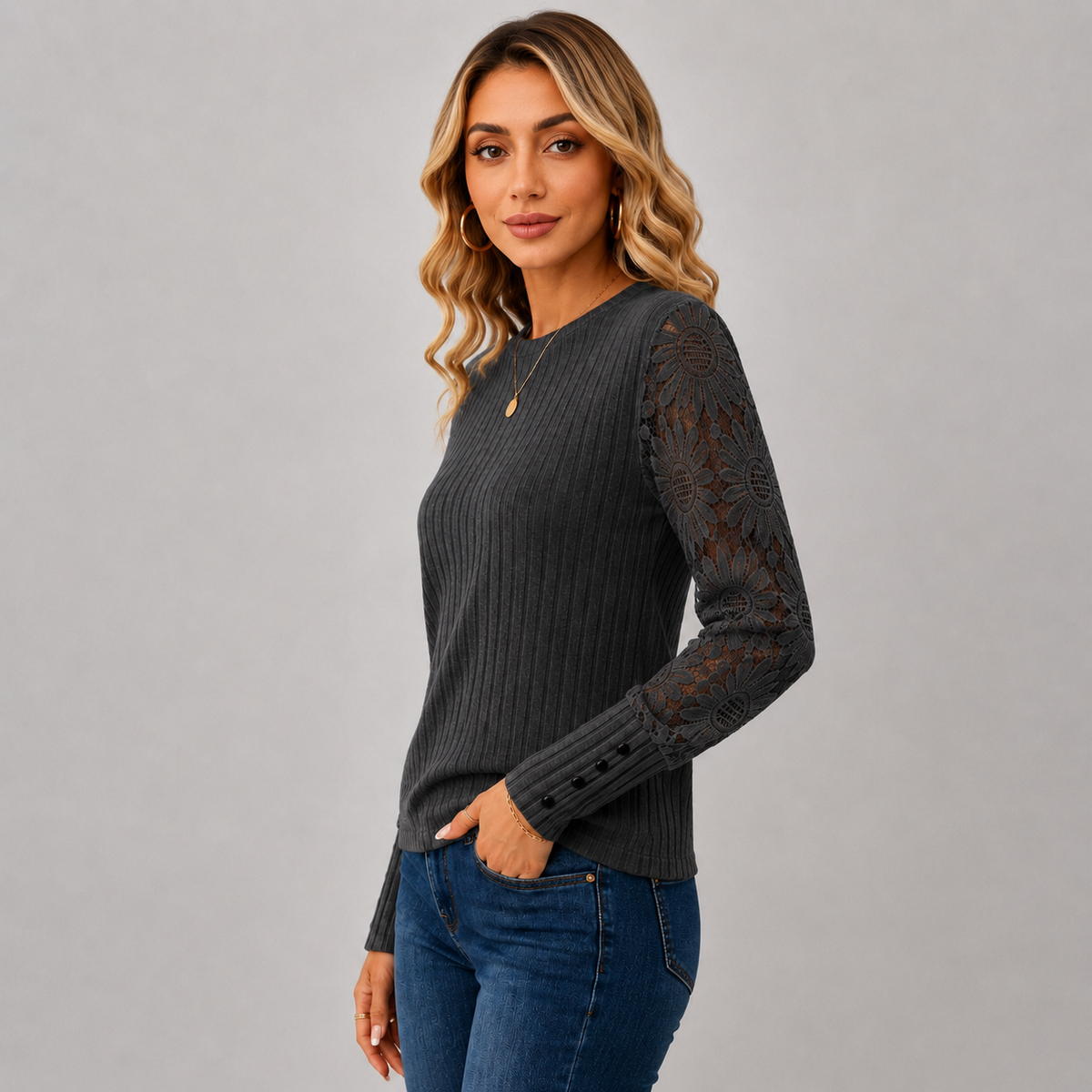Montviro | Women's Knit Top – Lace Sleeve Crew Neck Classic Fall Style