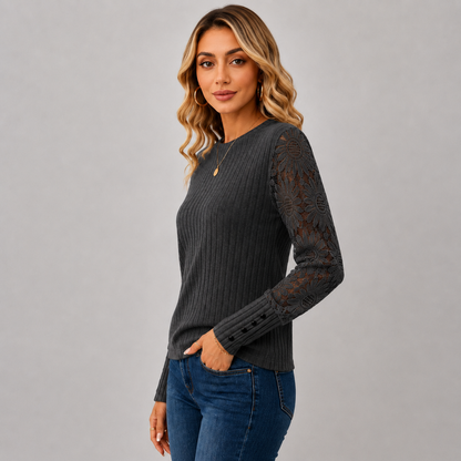 Montviro | Women's Knit Top – Lace Sleeve Crew Neck Classic Fall Style