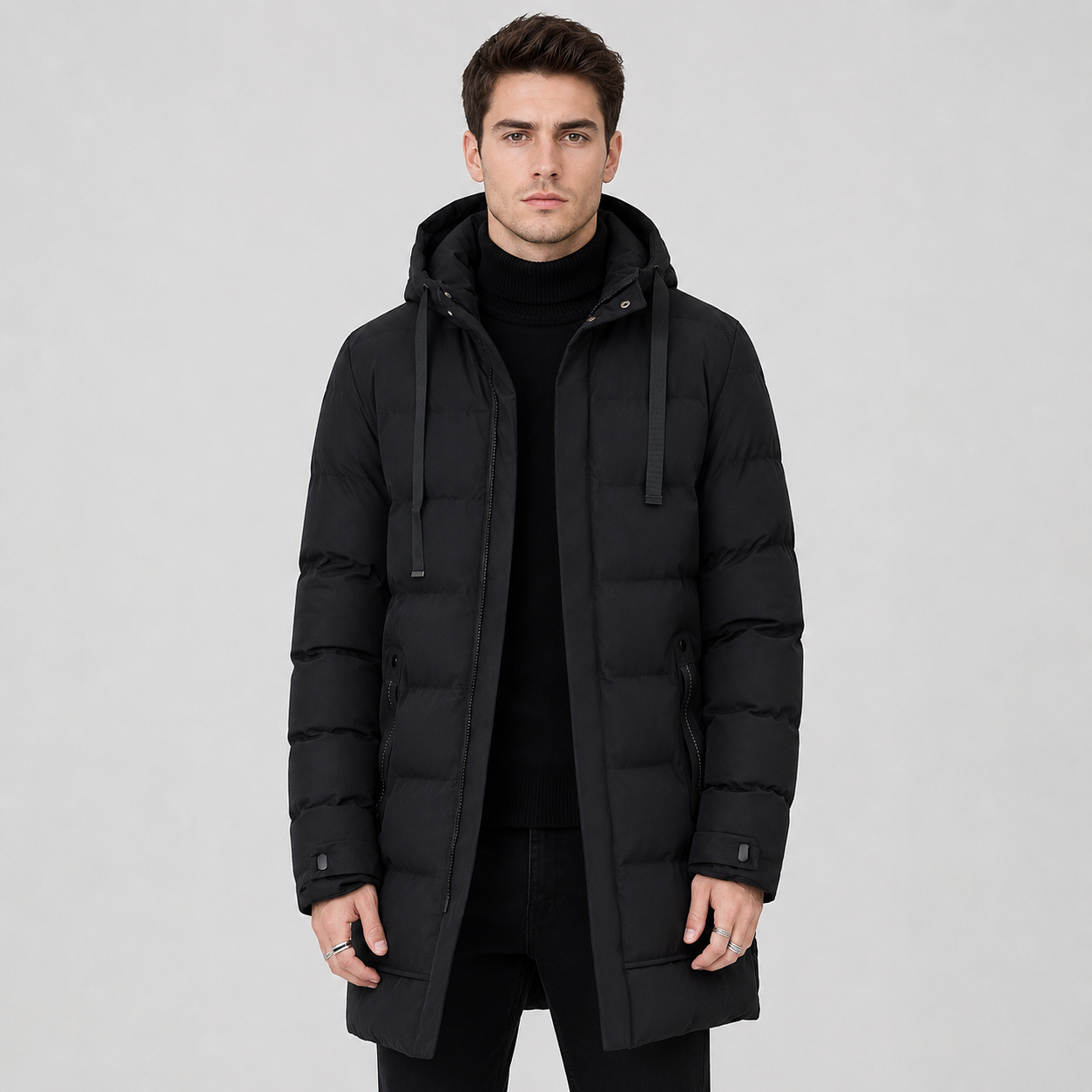 Montviro | Men's Black Puffer Jacket Hooded Warm Winter Coat