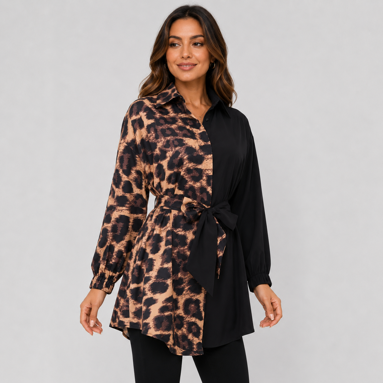 Montviro | Women’s Leopard Shirt Dress V-Neck Button Front