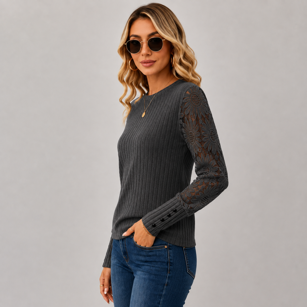 Montviro | Women's Knit Top – Lace Sleeve Crew Neck Classic Fall Style