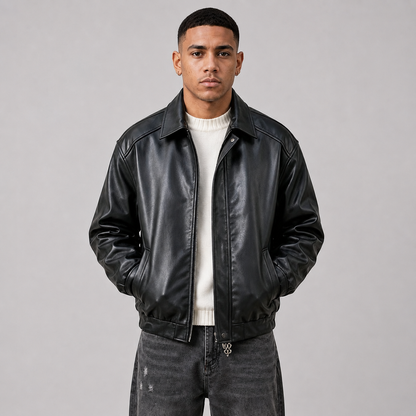 Montviro | Men’s PU Leather Jacket, Loose Fit, Snap Closure