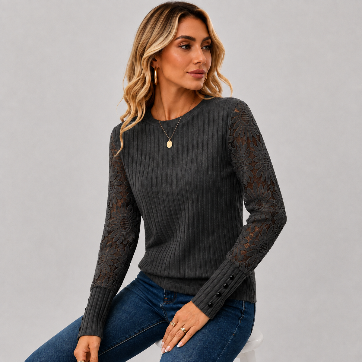 Montviro | Women's Knit Top – Lace Sleeve Crew Neck Classic Fall Style