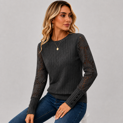 Montviro | Women's Knit Top – Lace Sleeve Crew Neck Classic Fall Style