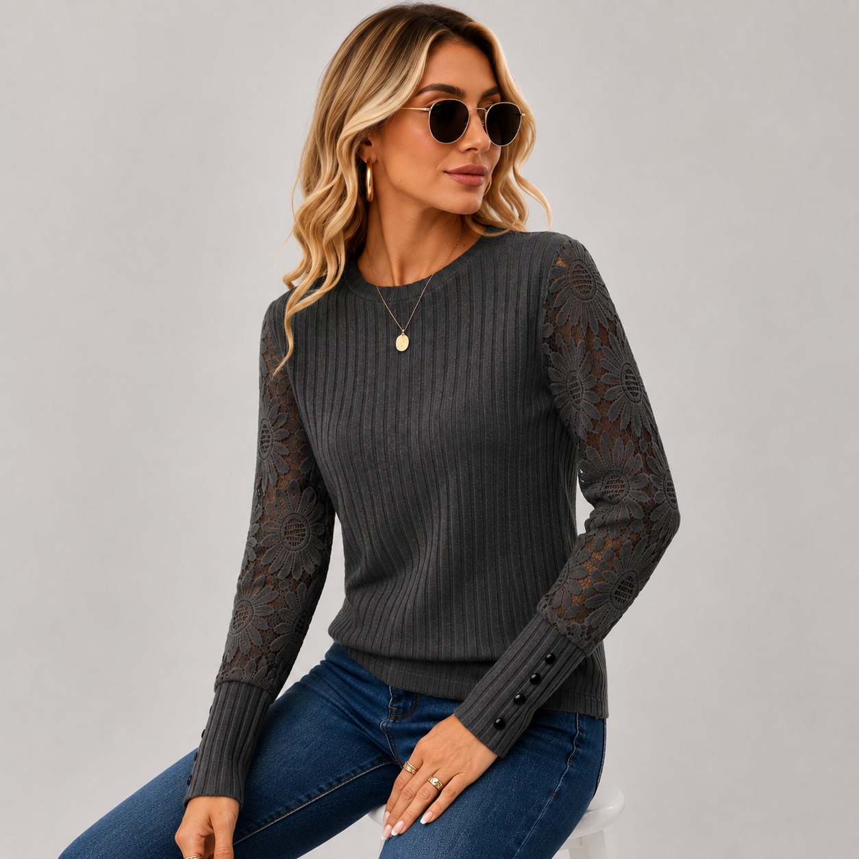 Montviro | Women's Knit Top – Lace Sleeve Crew Neck Classic Fall Style
