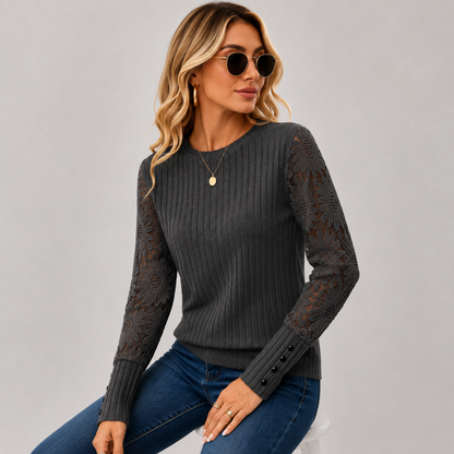 Montviro | Women's Knit Top – Lace Sleeve Crew Neck Classic Fall Style