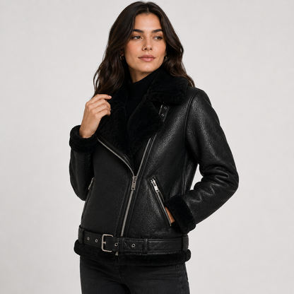 Montviro | Women's Jacket Faux Leather Fleece Lined Belted Longline