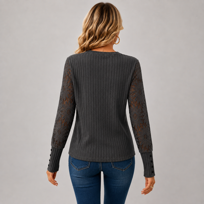 Montviro | Women's Knit Top – Lace Sleeve Crew Neck Classic Fall Style