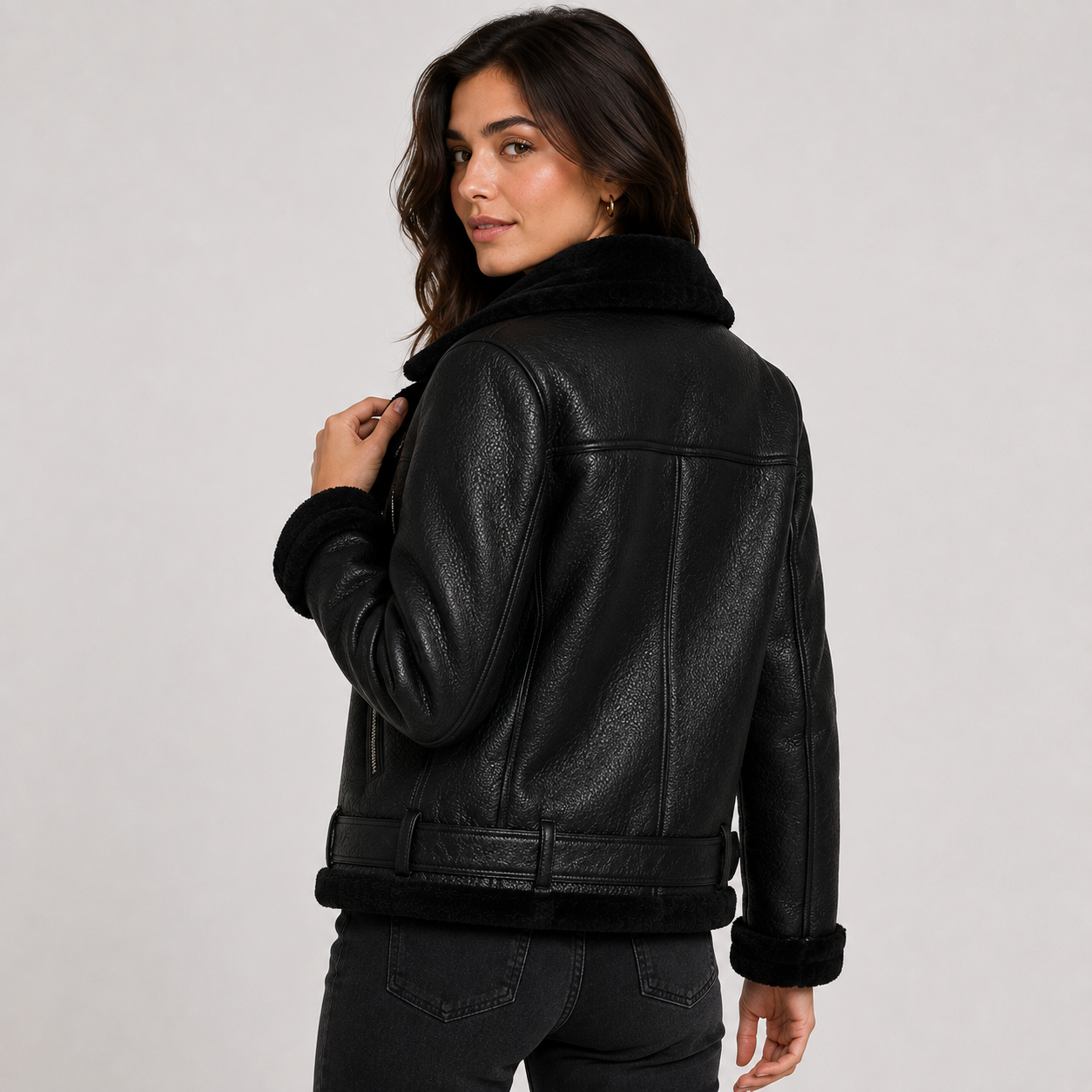 Montviro | Women's Jacket Faux Leather Fleece Lined Belted Longline