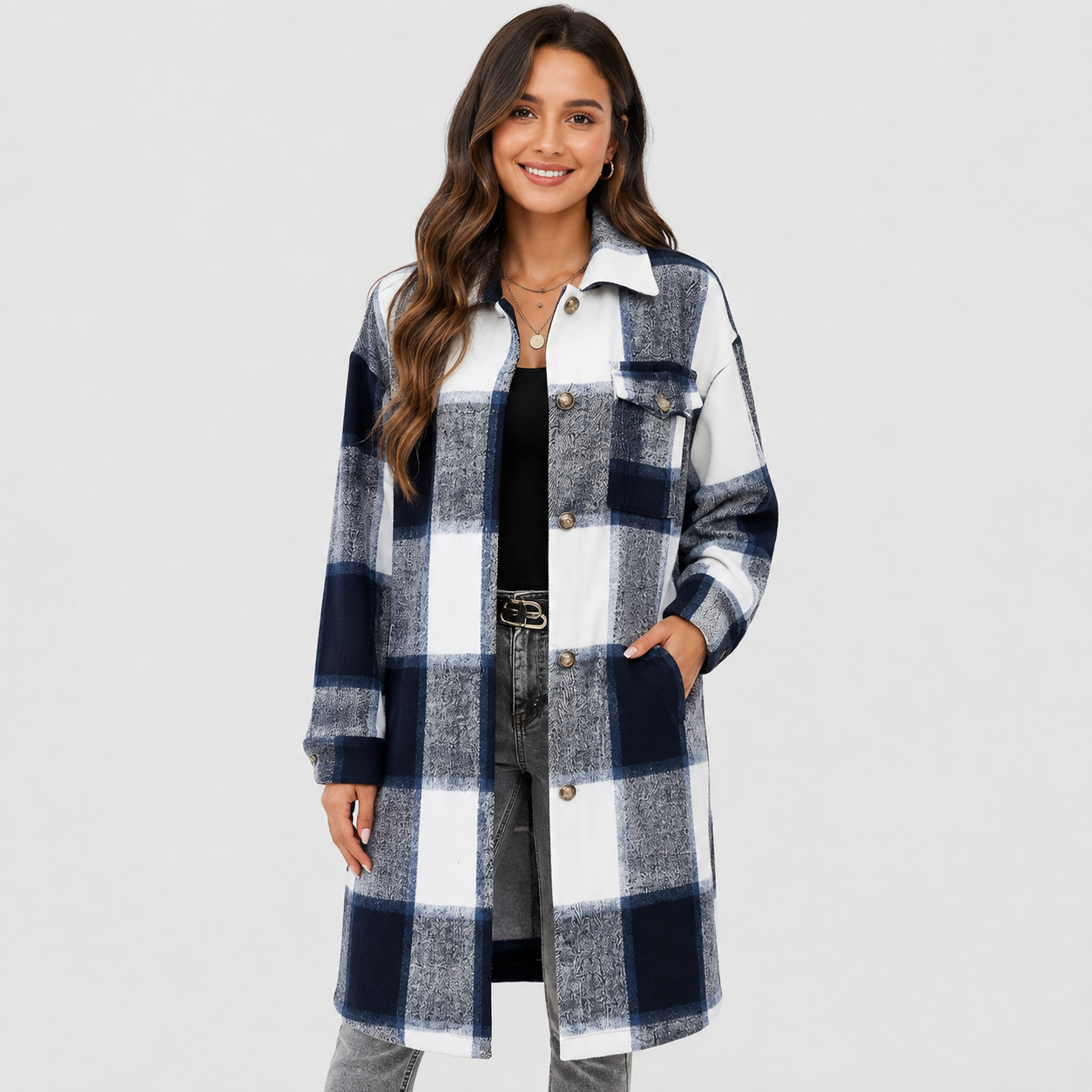 Montviro | Women's Plaid Long Jacket Loose Fit Button Front Spring Fall