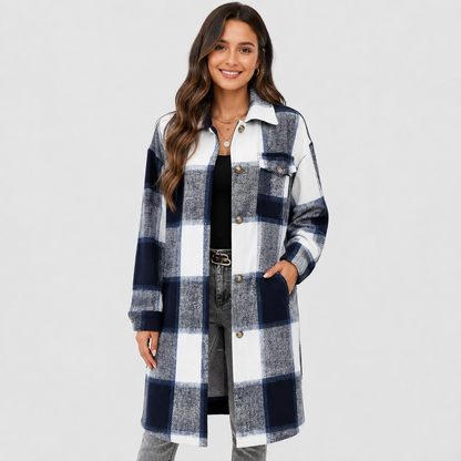 Montviro | Women's Plaid Long Jacket Loose Fit Button Front Spring Fall