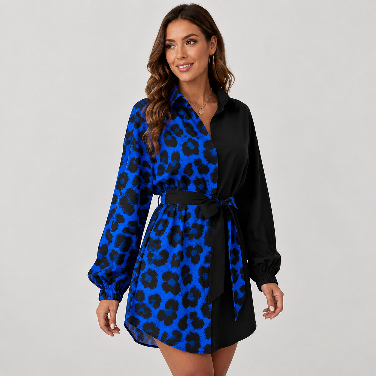 Montviro | Women’s Leopard Shirt Dress V-Neck Button Front