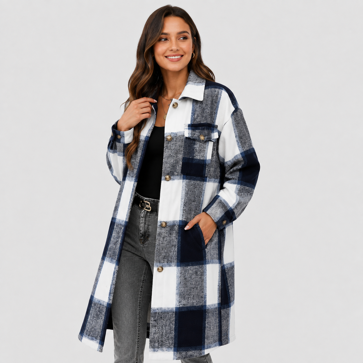 Montviro | Women's Plaid Long Jacket Loose Fit Button Front Spring Fall