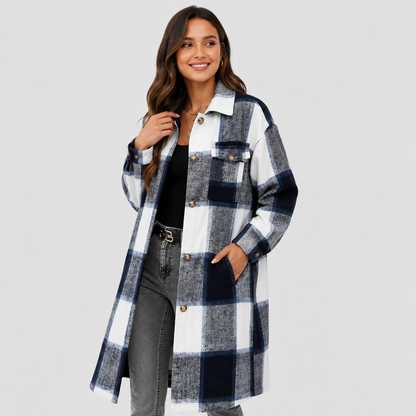 Montviro | Women's Plaid Long Jacket Loose Fit Button Front Spring Fall
