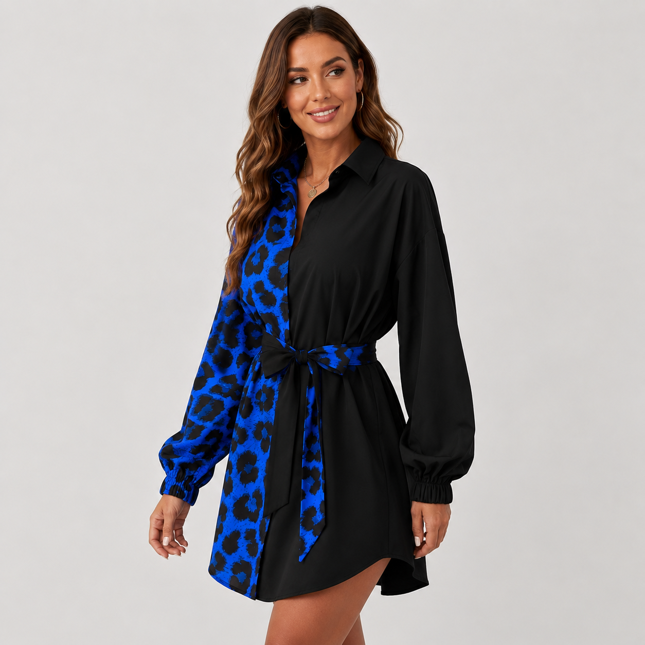 Montviro | Women’s Leopard Shirt Dress V-Neck Button Front