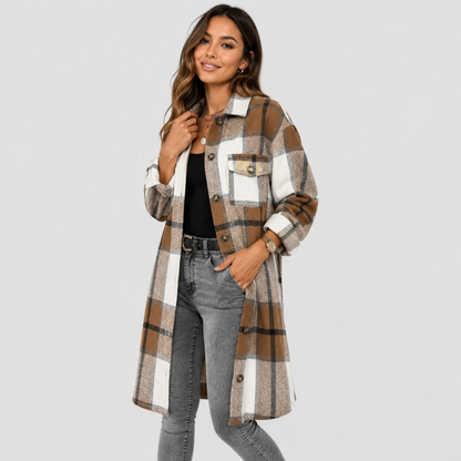 Montviro | Women's Plaid Long Jacket Loose Fit Button Front Spring Fall