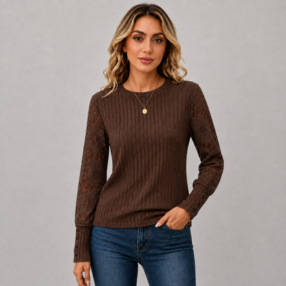 Montviro | Women's Knit Top – Lace Sleeve Crew Neck Classic Fall Style